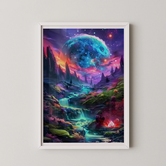 A modern art piece depicting a celestial planet over an alien valley with neon lights.