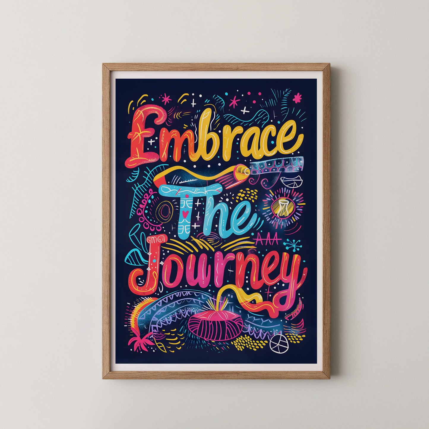 A modern typographic poster featuring the text 'Embrace The Journey' with vibrant neon lettering and decorative doodles.
