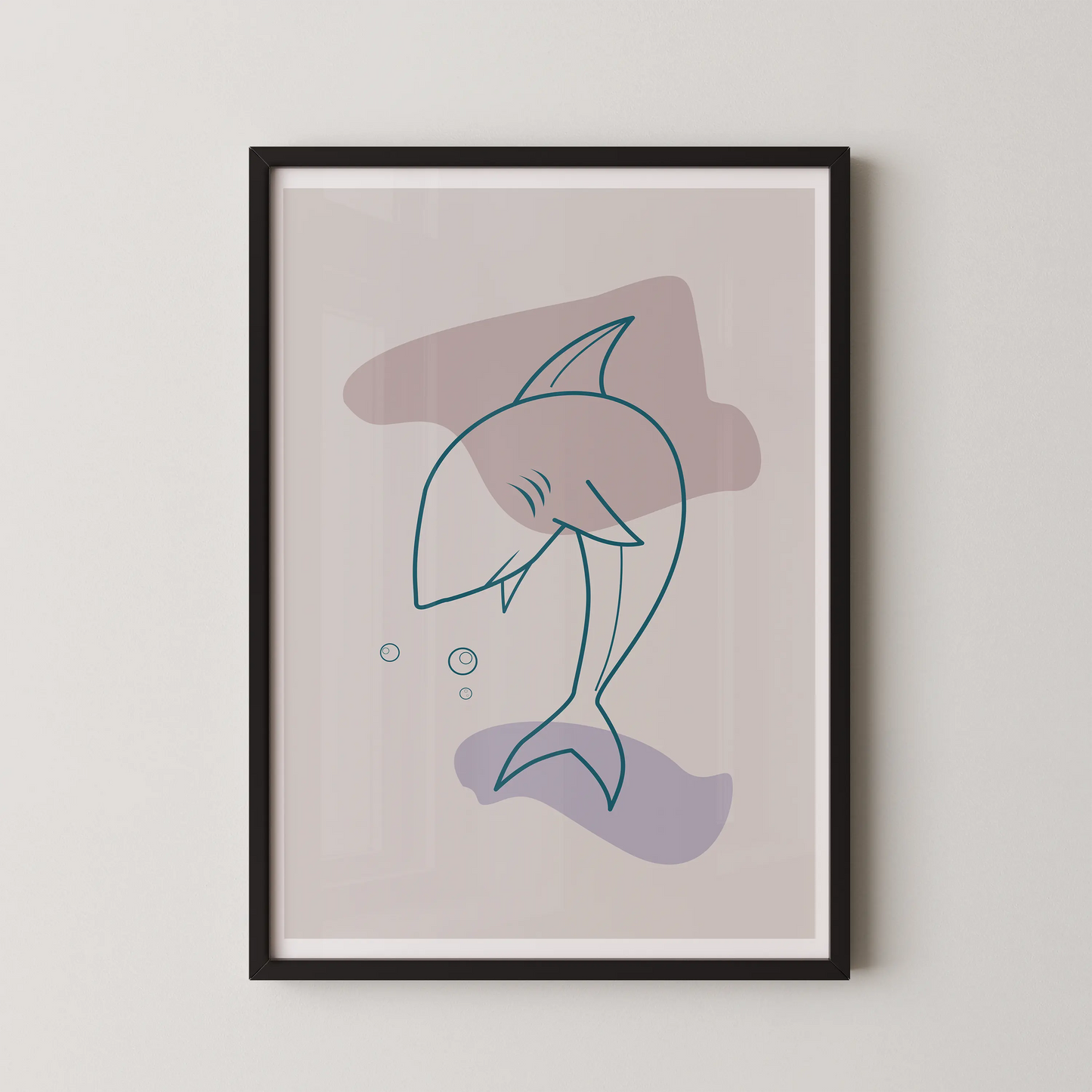 A modern minimalist artwork featuring a stylized shark in a serene pose, perfect for coastal homes.
