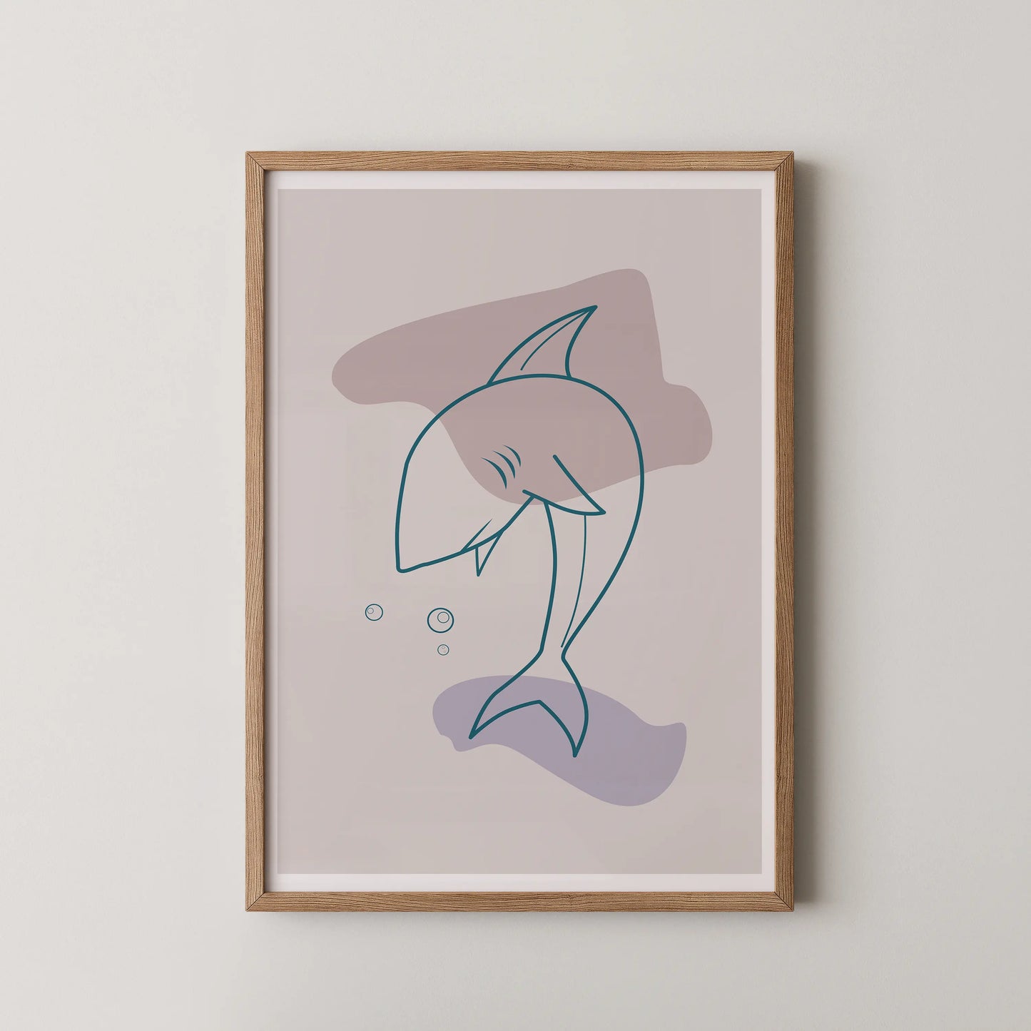A modern minimalist artwork featuring a stylized shark in a serene pose, perfect for coastal homes.