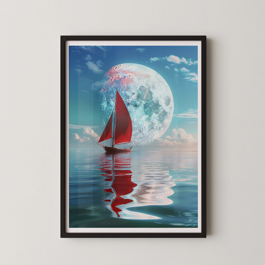 A modern art piece depicting a sailboat at moonrise over a serene ocean.