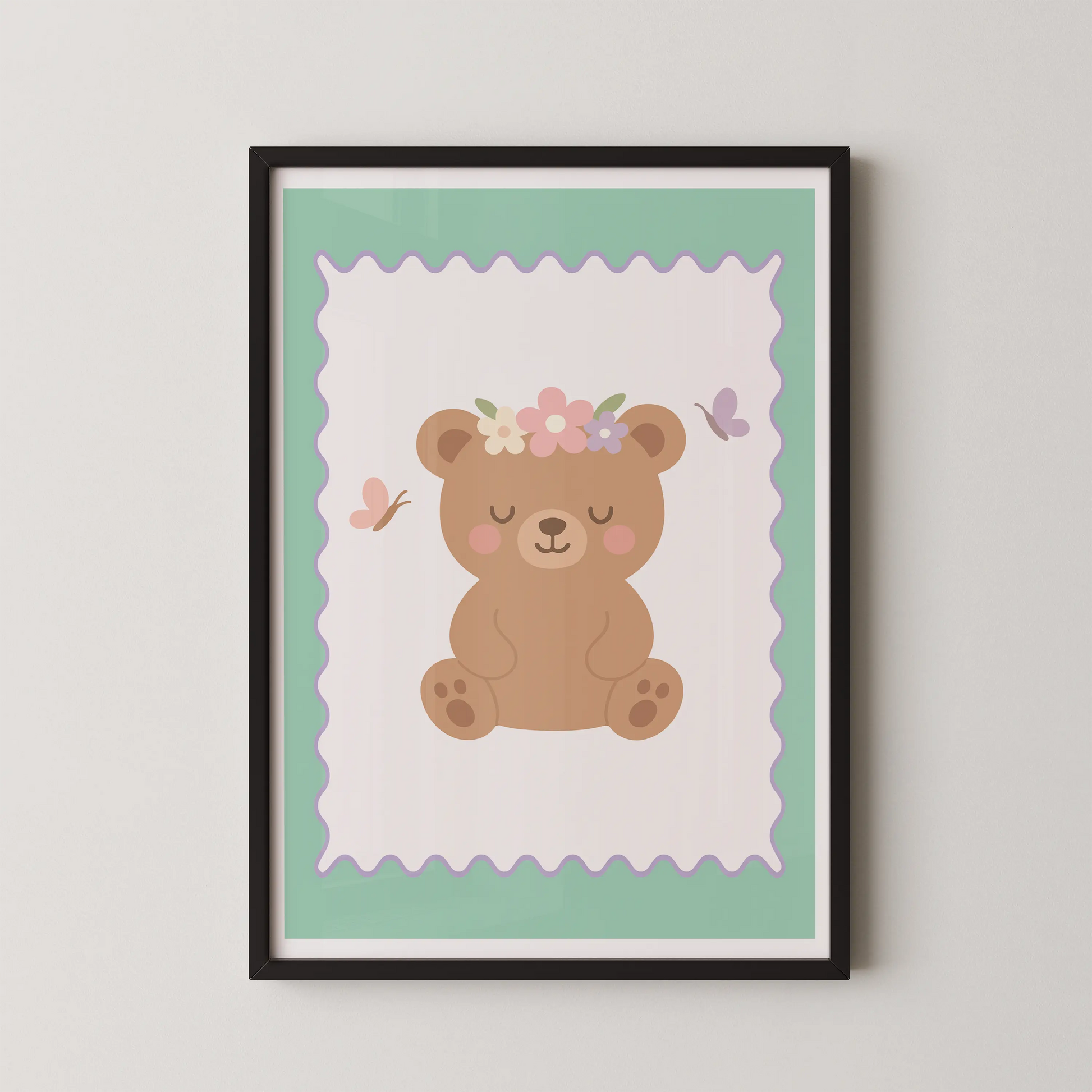 A flat vector illustration in a modern kawaii style showing a pastel bear with a flower crown.