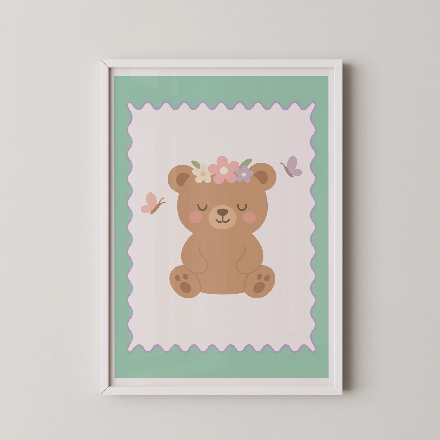 A flat vector illustration in a modern kawaii style showing a pastel bear with a flower crown.