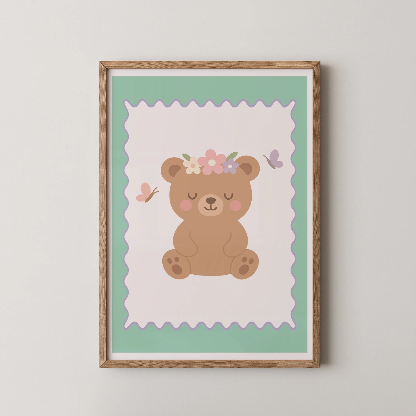 A flat vector illustration in a modern kawaii style showing a pastel bear with a flower crown.