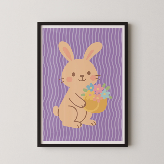 A minimalist vector illustration of a pastel bunny holding a flower basket.
