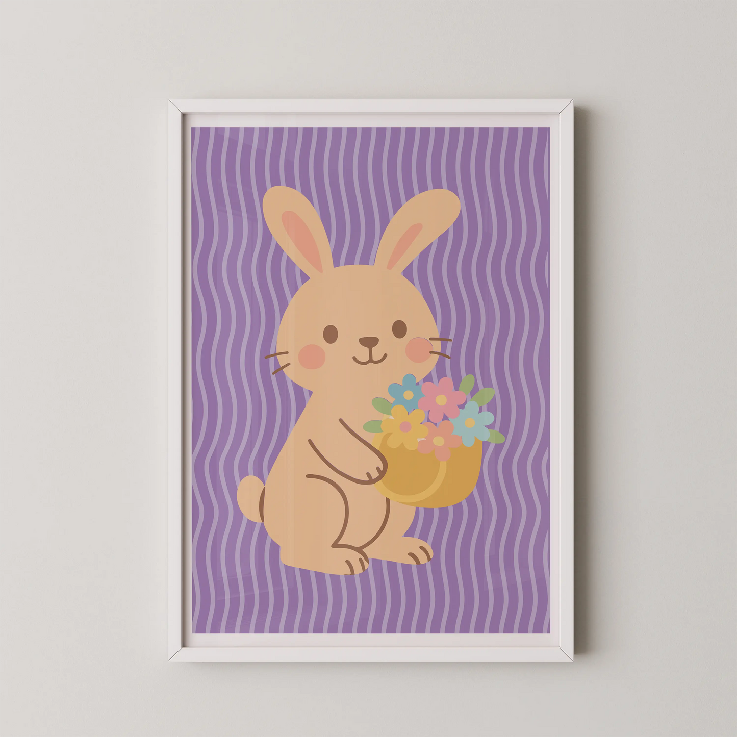 A minimalist vector illustration of a pastel bunny holding a flower basket.