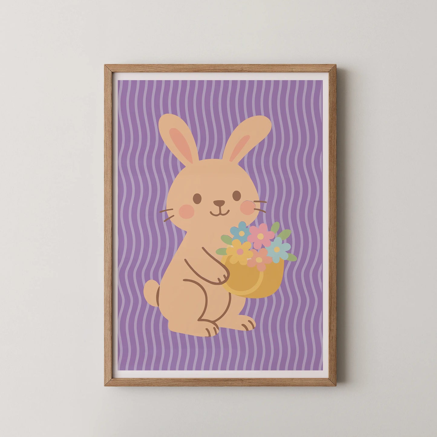 A minimalist vector illustration of a pastel bunny holding a flower basket.