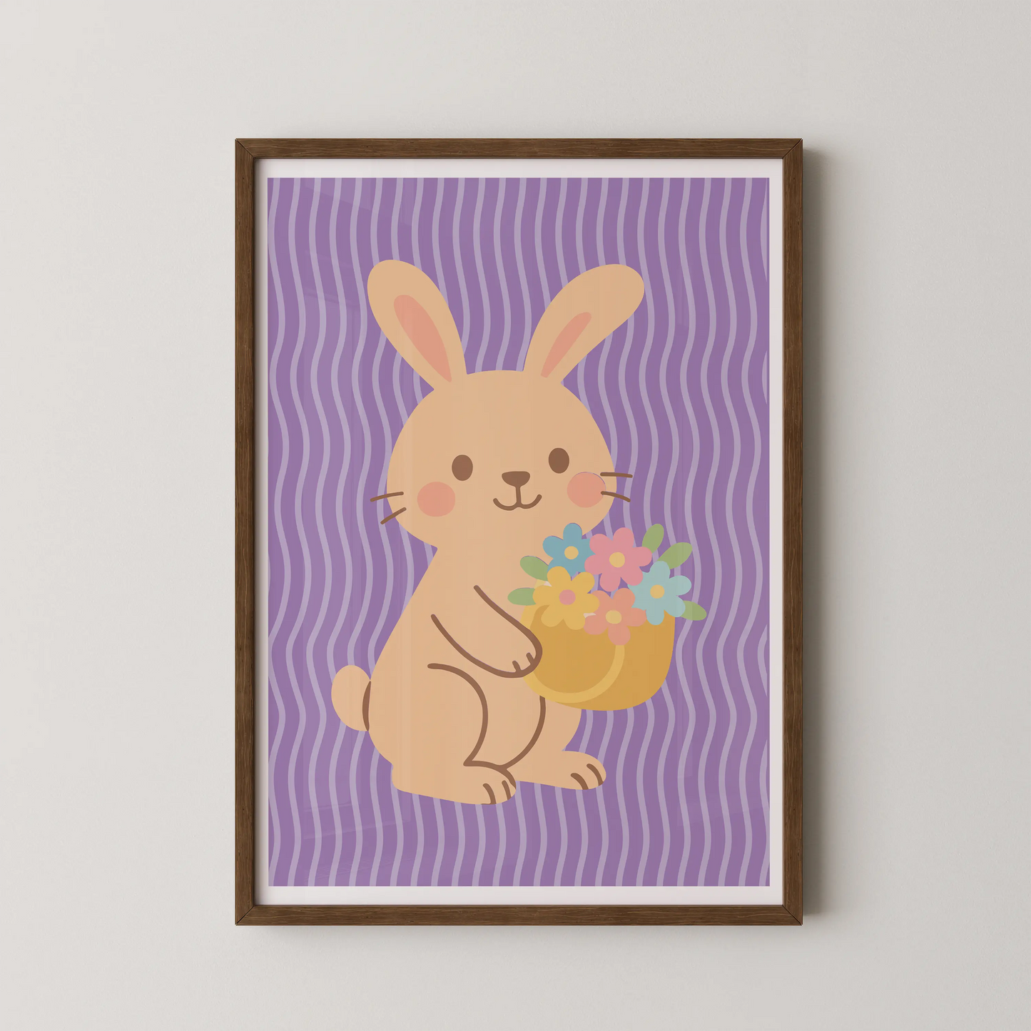 A minimalist vector illustration of a pastel bunny holding a flower basket.