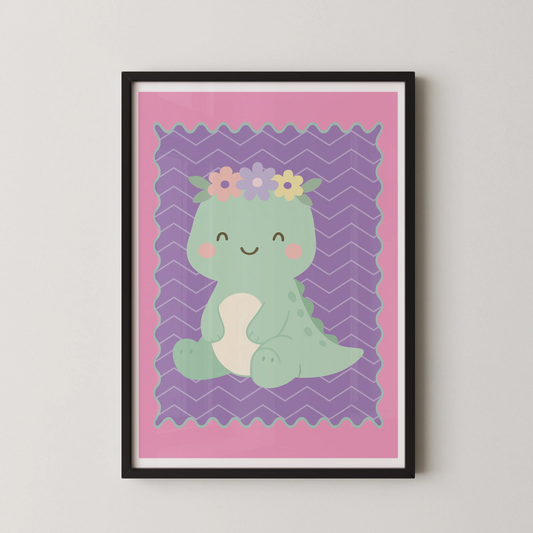 A modern, kawaii-style illustration of a mint-green baby dinosaur crowned with pastel flowers on a lavender chevron background.
