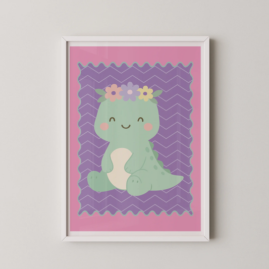 A modern, kawaii-style illustration of a mint-green baby dinosaur crowned with pastel flowers on a lavender chevron background.