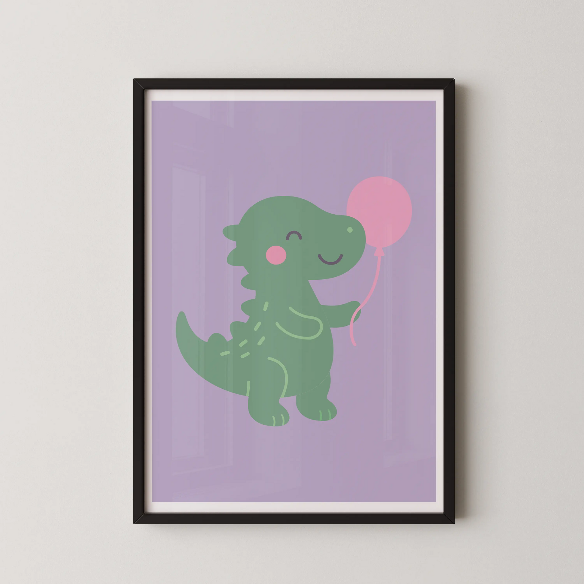 A friendly, cartoonish green dinosaur holding a pink balloon in a modern, flat design style.