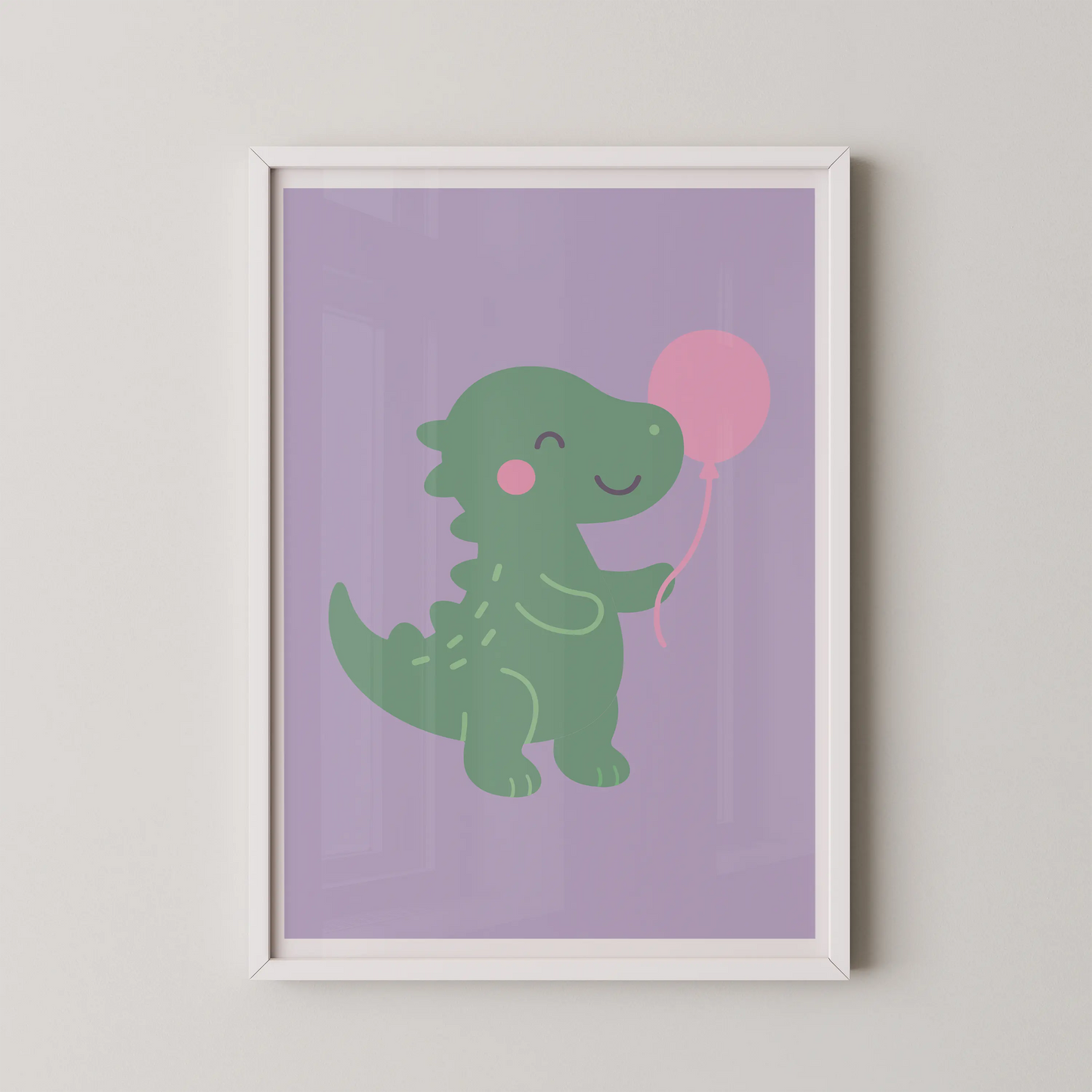 A friendly, cartoonish green dinosaur holding a pink balloon in a modern, flat design style.
