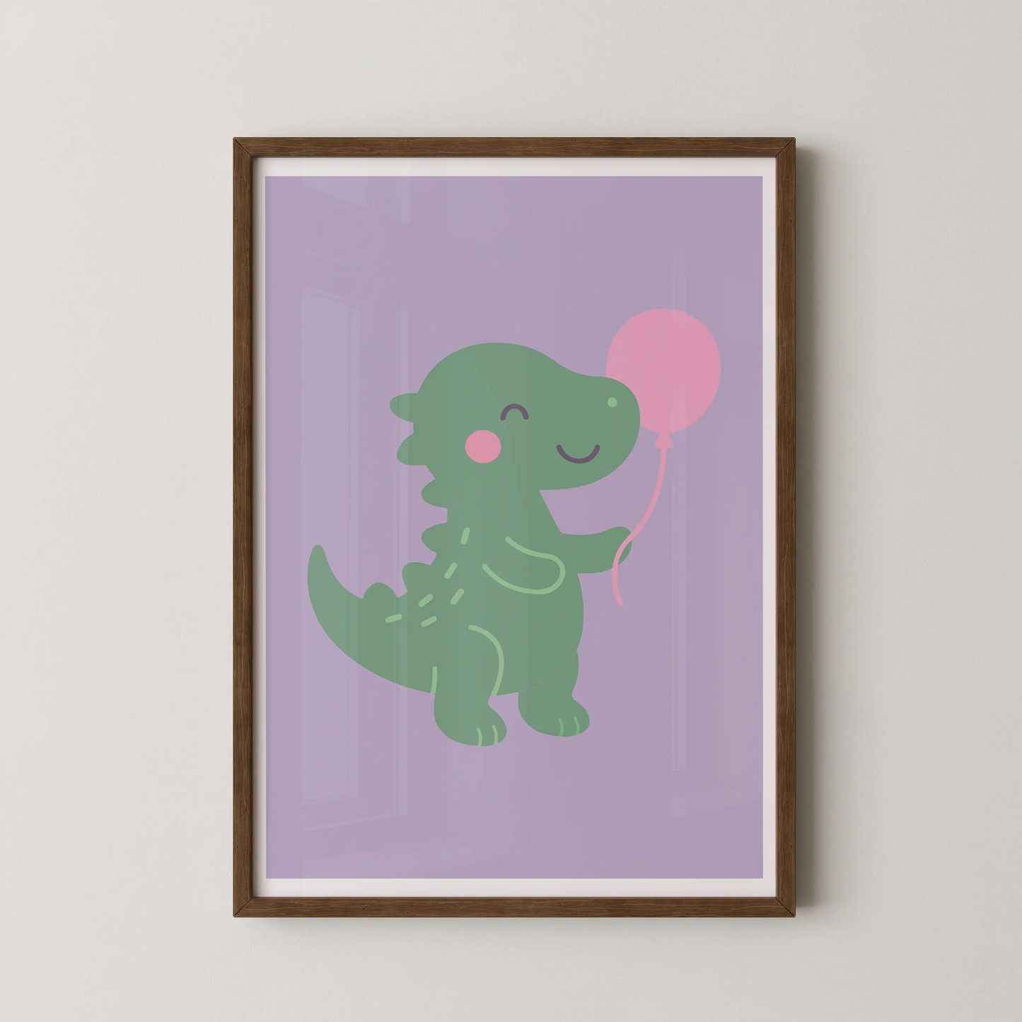 A friendly, cartoonish green dinosaur holding a pink balloon in a modern, flat design style.