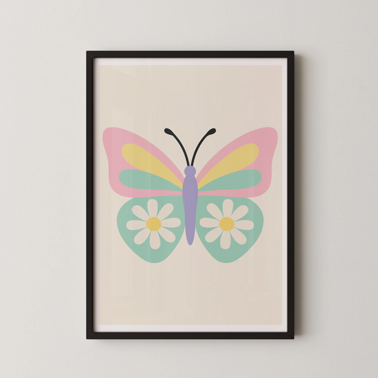 A minimalist art print featuring a whimsical butterfly in pastel colors.