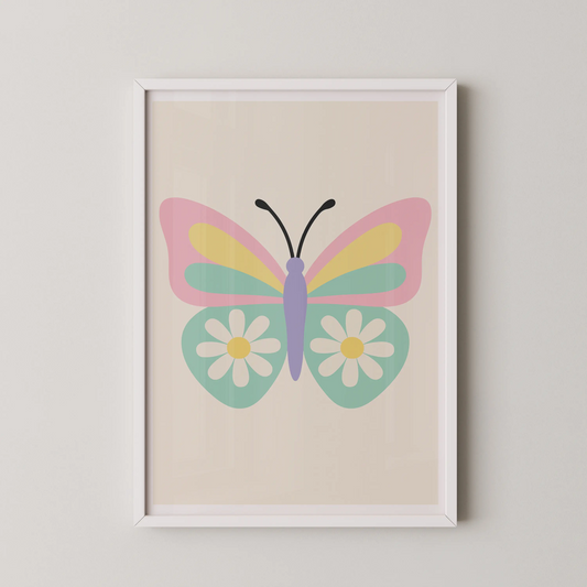 A minimalist art print featuring a whimsical butterfly in pastel colors.