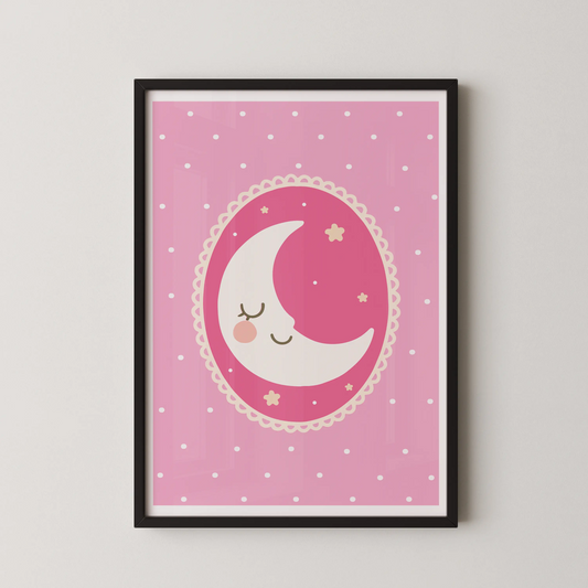 A minimalist vector illustration of a crescent moon with a pink cheek and closed eyes, nestled in a lace-edged oval, in a minimalist style.