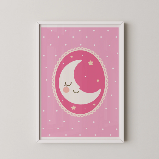 A minimalist vector illustration of a crescent moon with a pink cheek and closed eyes, nestled in a lace-edged oval, in a minimalist style.
