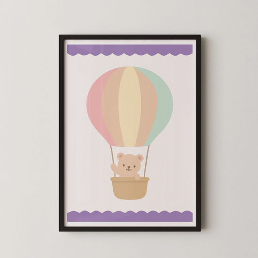 A modern, flat illustration of a teddy bear in a hot air balloon, a whimsical design for a child's room.