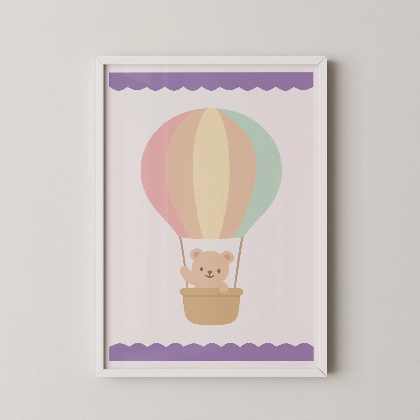 A modern, flat illustration of a teddy bear in a hot air balloon, a whimsical design for a child's room.