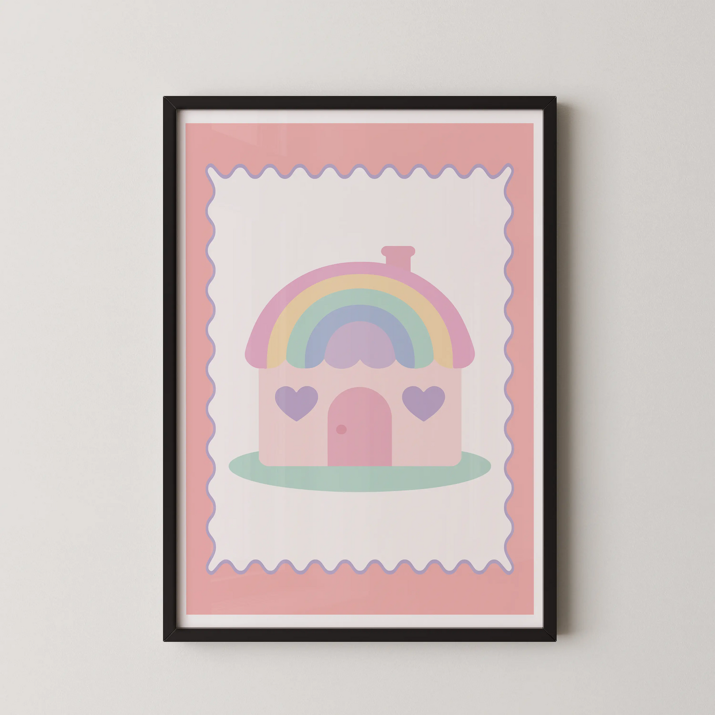 A minimalist, pastel rainbow house illustration in a kawaii style.