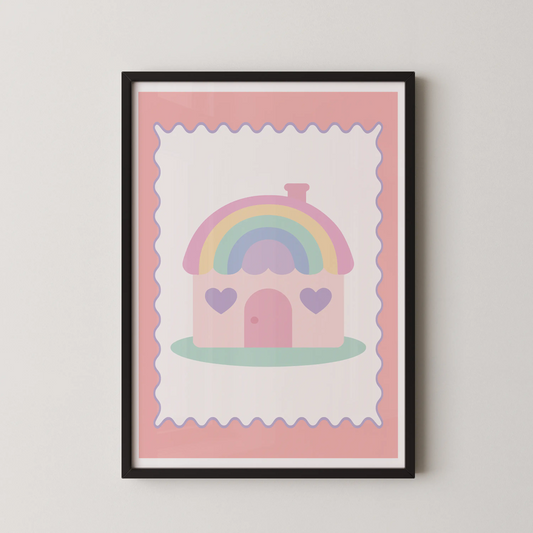 A minimalist, pastel rainbow house illustration in a kawaii style.