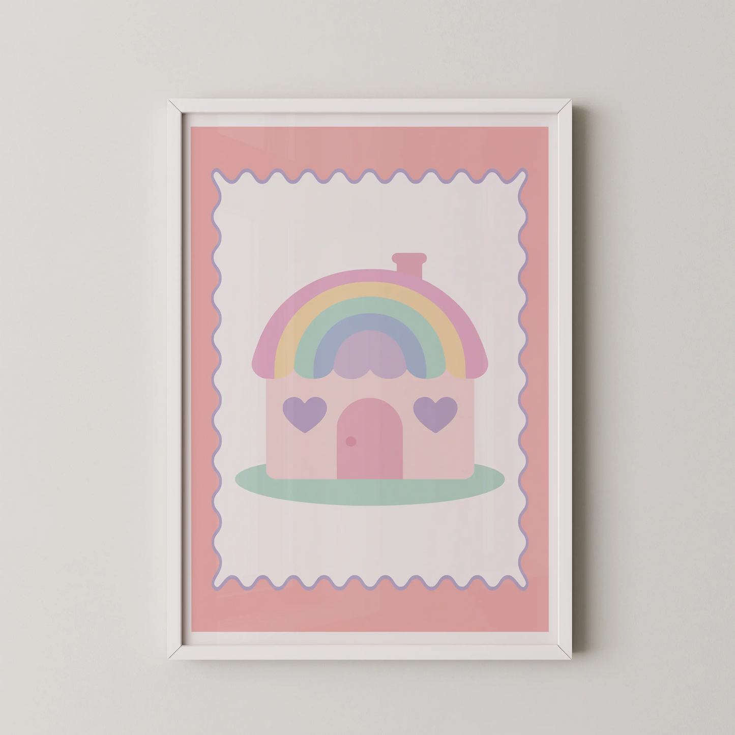 A minimalist, pastel rainbow house illustration in a kawaii style.