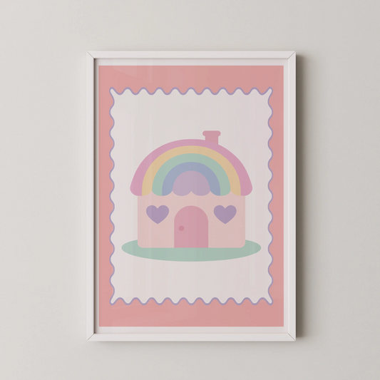 A minimalist, pastel rainbow house illustration in a kawaii style.