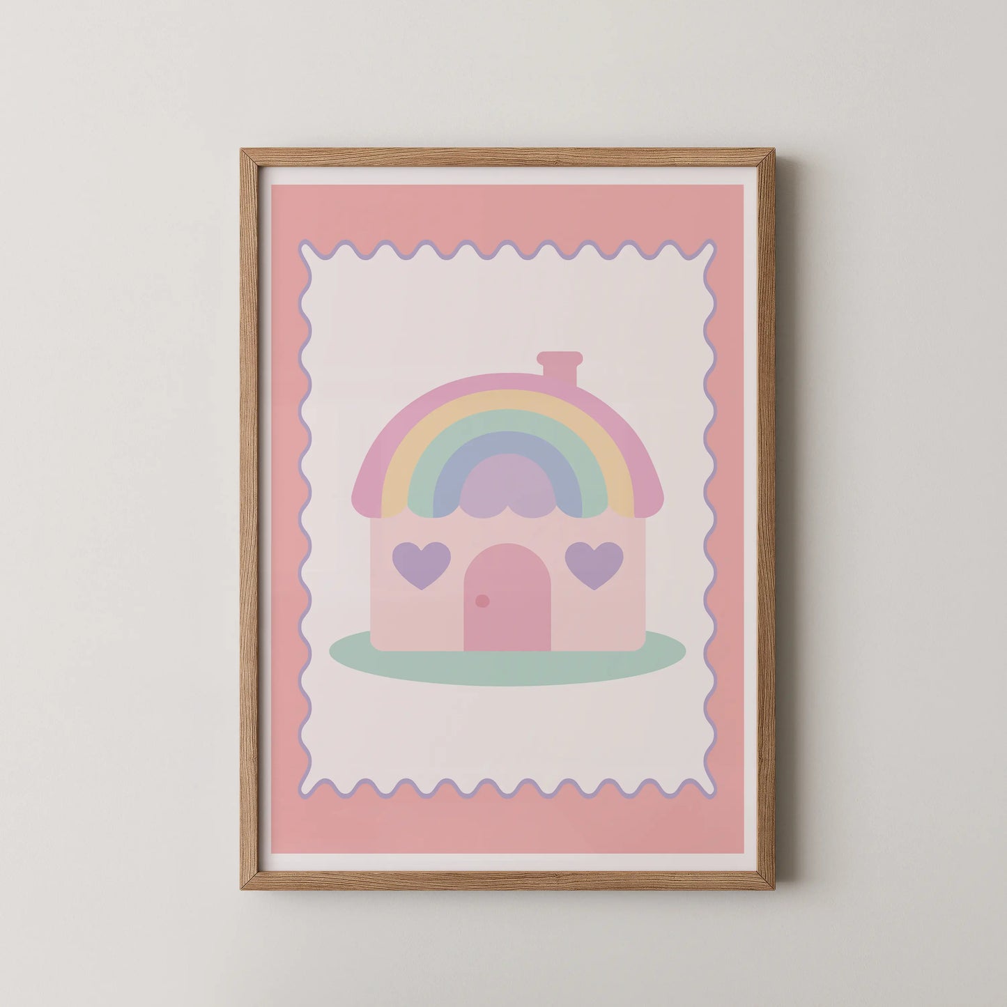 A minimalist, pastel rainbow house illustration in a kawaii style.