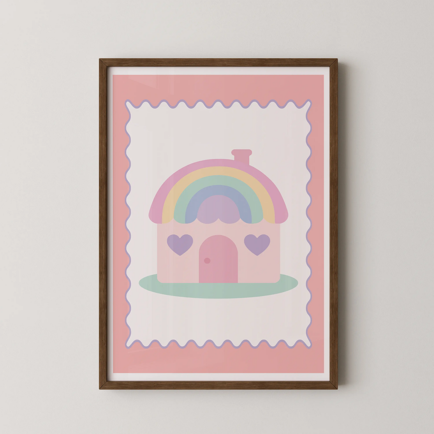 A minimalist, pastel rainbow house illustration in a kawaii style.
