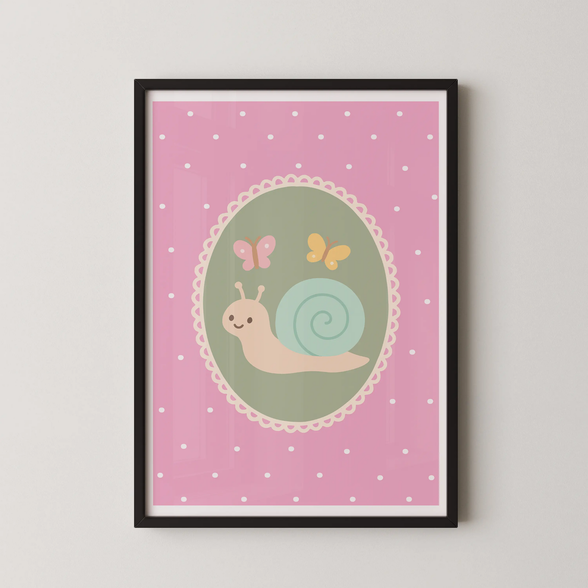 A digital vector illustration of a friendly snail with a spiral shell and two delicate butterflies resting within an oval frame, in a kawaii/children book style.