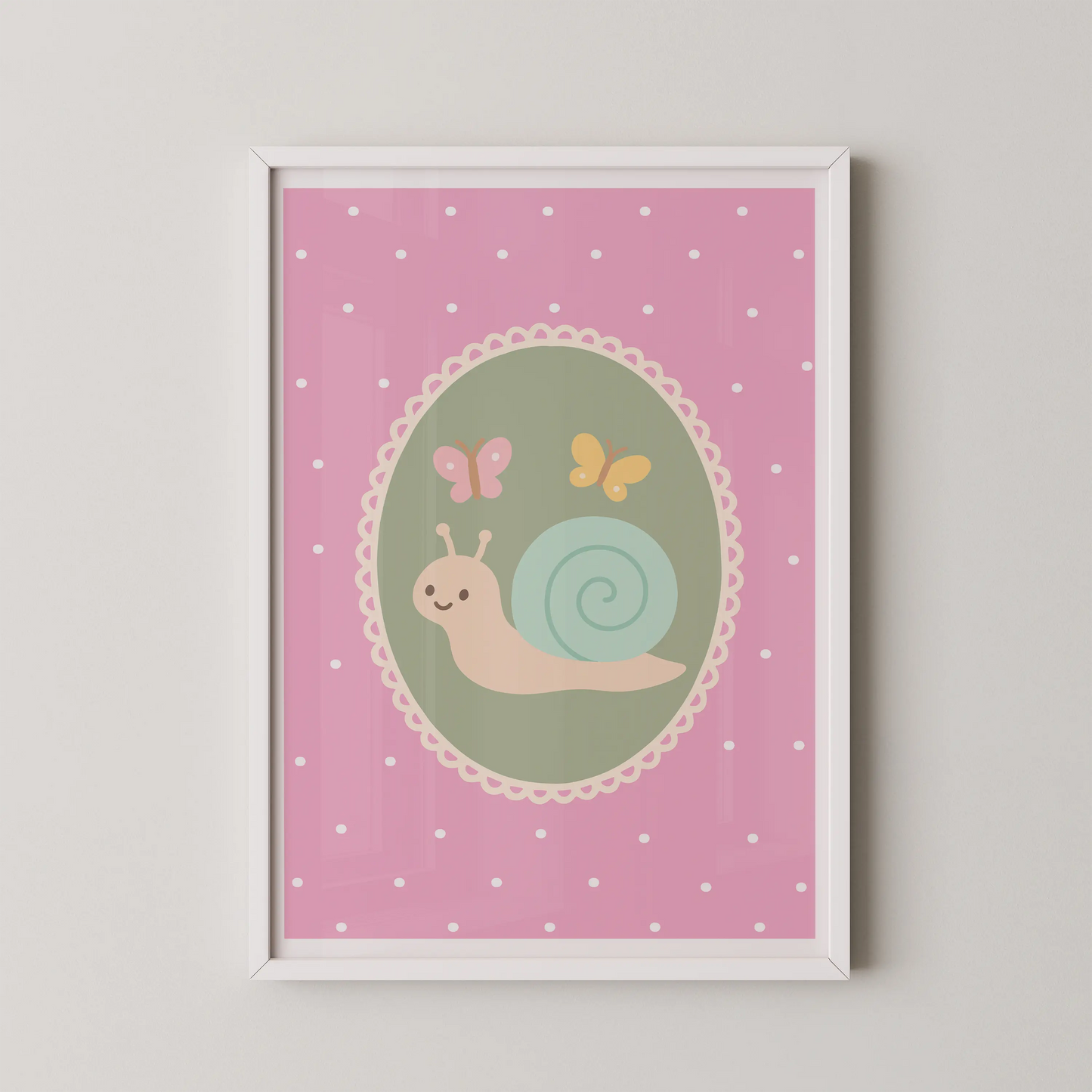 A digital vector illustration of a friendly snail with a spiral shell and two delicate butterflies resting within an oval frame, in a kawaii/children book style.