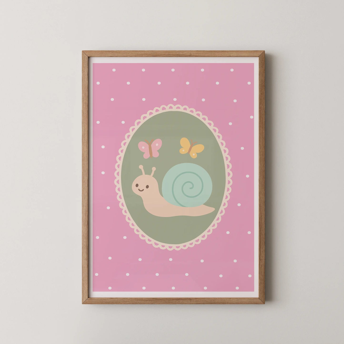 A digital vector illustration of a friendly snail with a spiral shell and two delicate butterflies resting within an oval frame, in a kawaii/children book style.