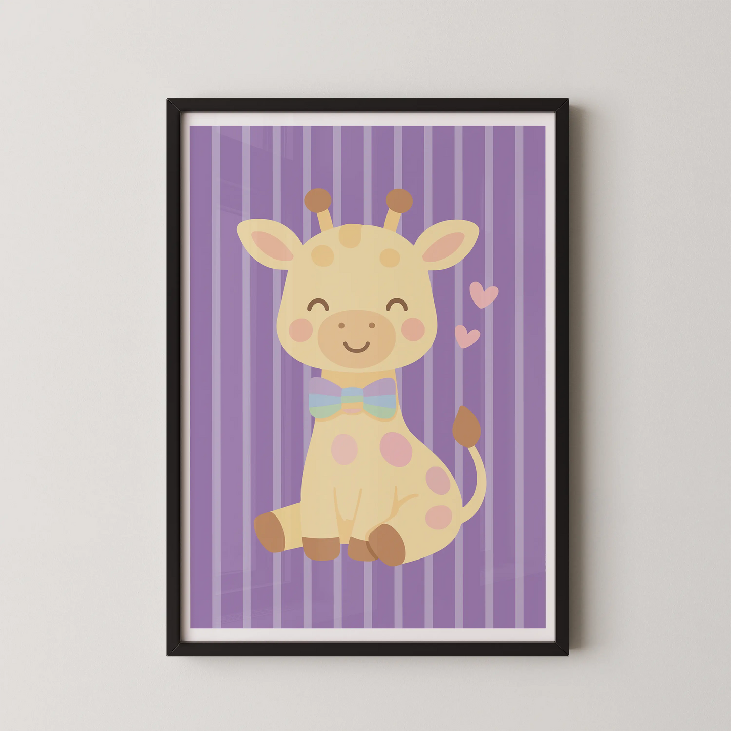 A modern illustration of a smiling giraffe with a pastel rainbow bow-tie, in a flat-design vector style.