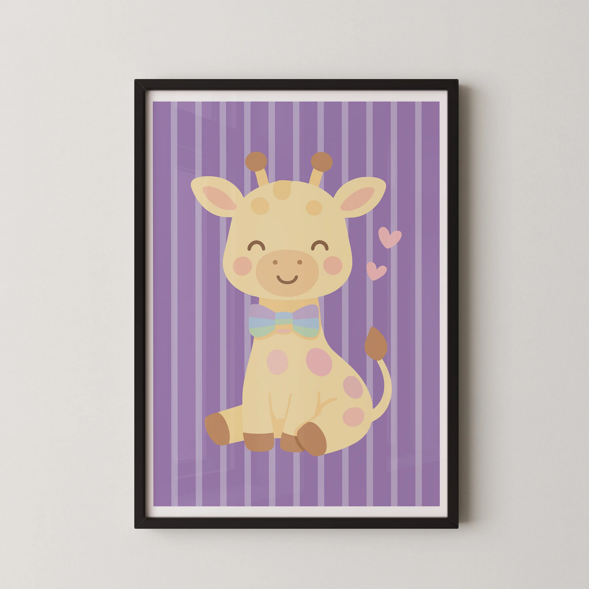 A modern illustration of a smiling giraffe with a pastel rainbow bow-tie, in a flat-design vector style.