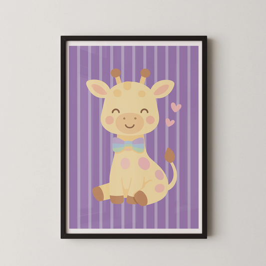 A modern illustration of a smiling giraffe with a pastel rainbow bow-tie, in a flat-design vector style.