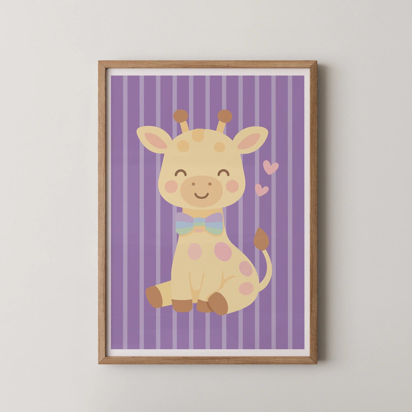 A modern illustration of a smiling giraffe with a pastel rainbow bow-tie, in a flat-design vector style.