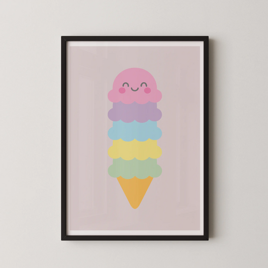 A minimalist kawaii ice cream cone illustration in pastel colors.