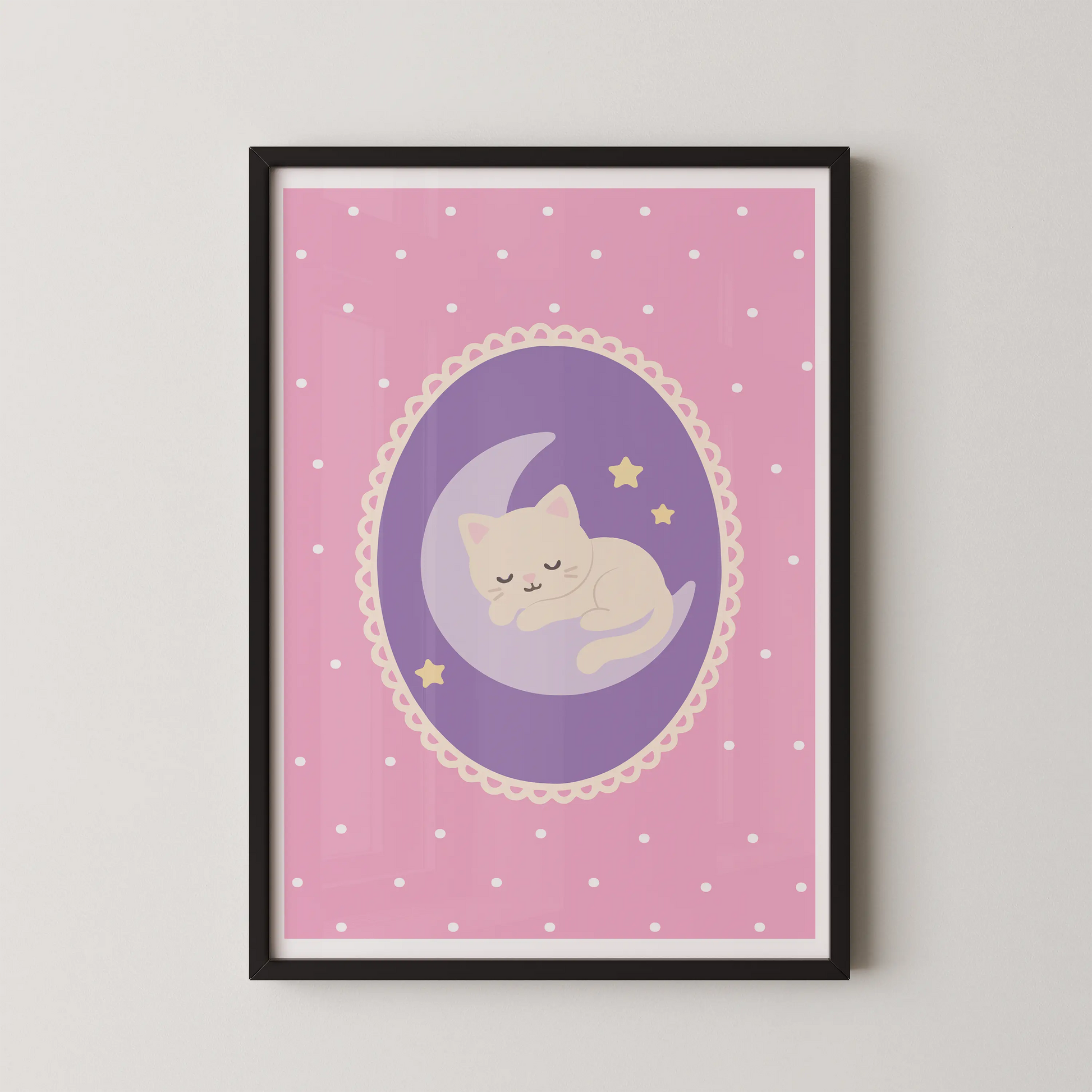 A minimalist flat-design vector illustration of a cream kitten on a lilac moon, in a kawaii style.