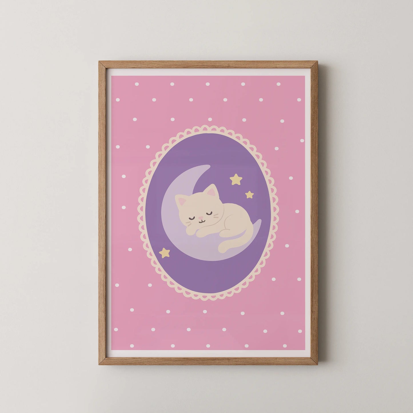 A minimalist flat-design vector illustration of a cream kitten on a lilac moon, in a kawaii style.