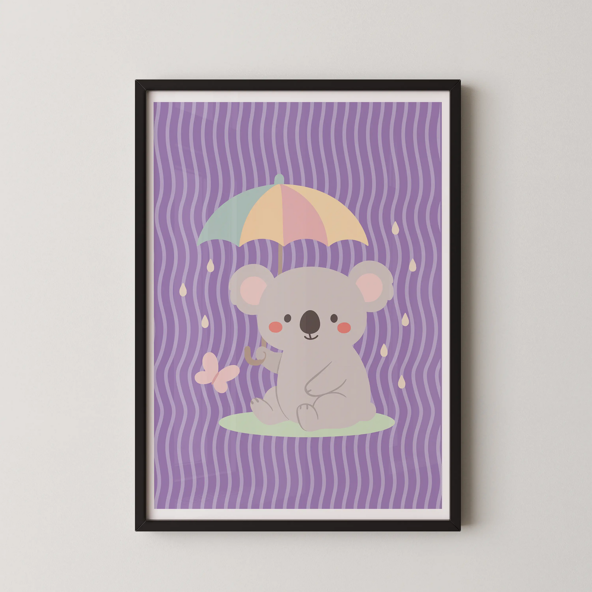 A cute, flat vector illustration of a koala holding an umbrella in a pastel color palette, in a modern style.