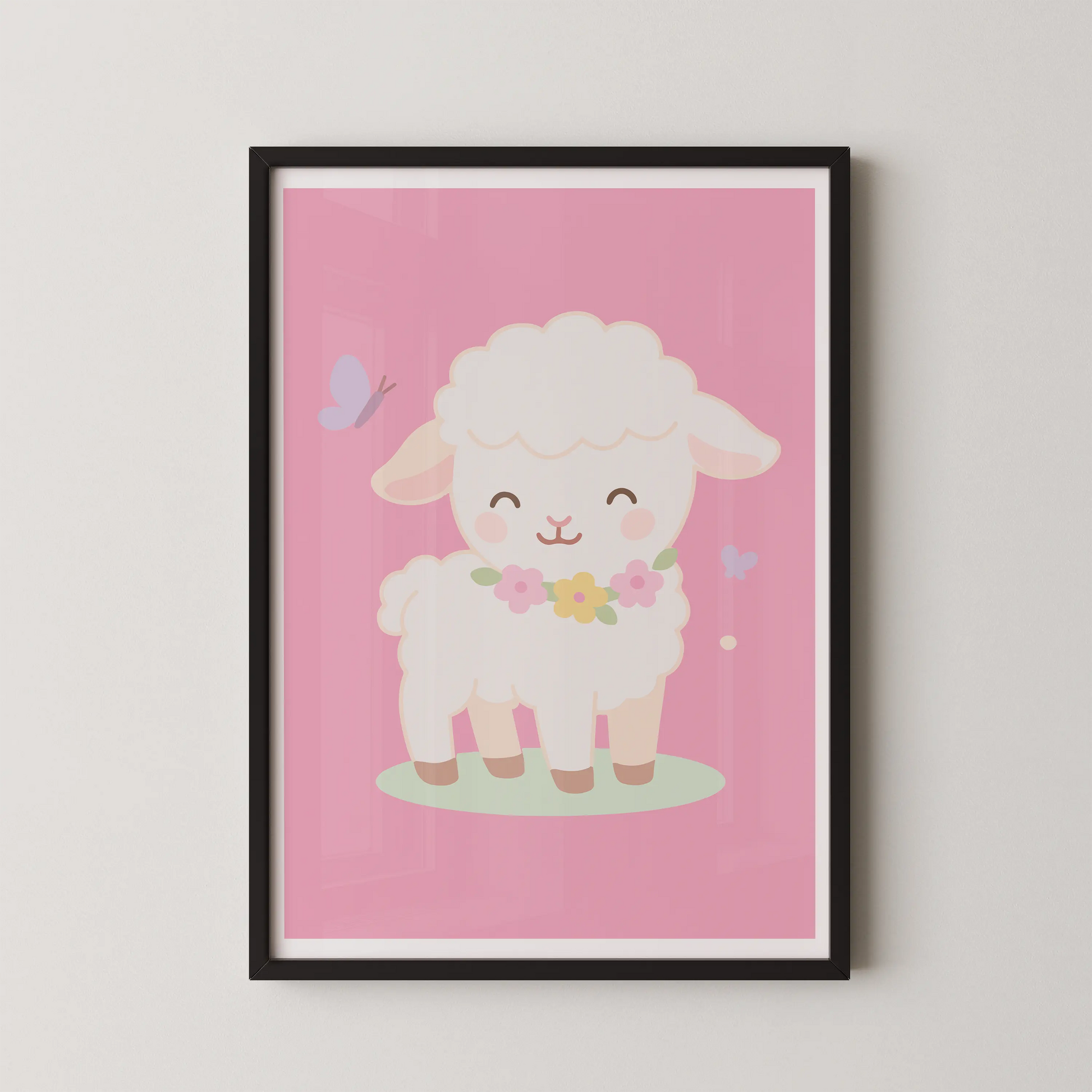 A minimalist wall art poster featuring a cute kawaii lamb with a flower garland and a butterfly.