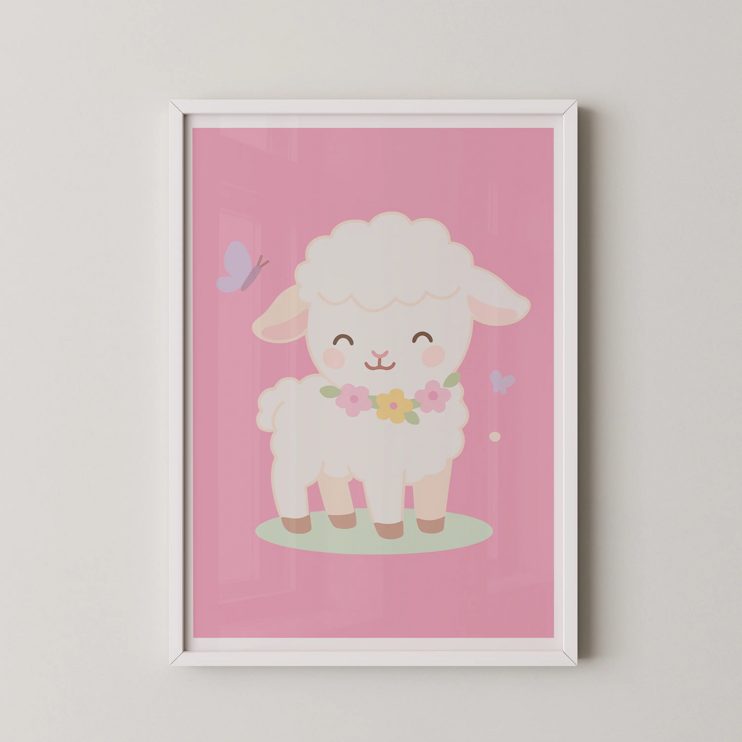 A minimalist wall art poster featuring a cute kawaii lamb with a flower garland and a butterfly.