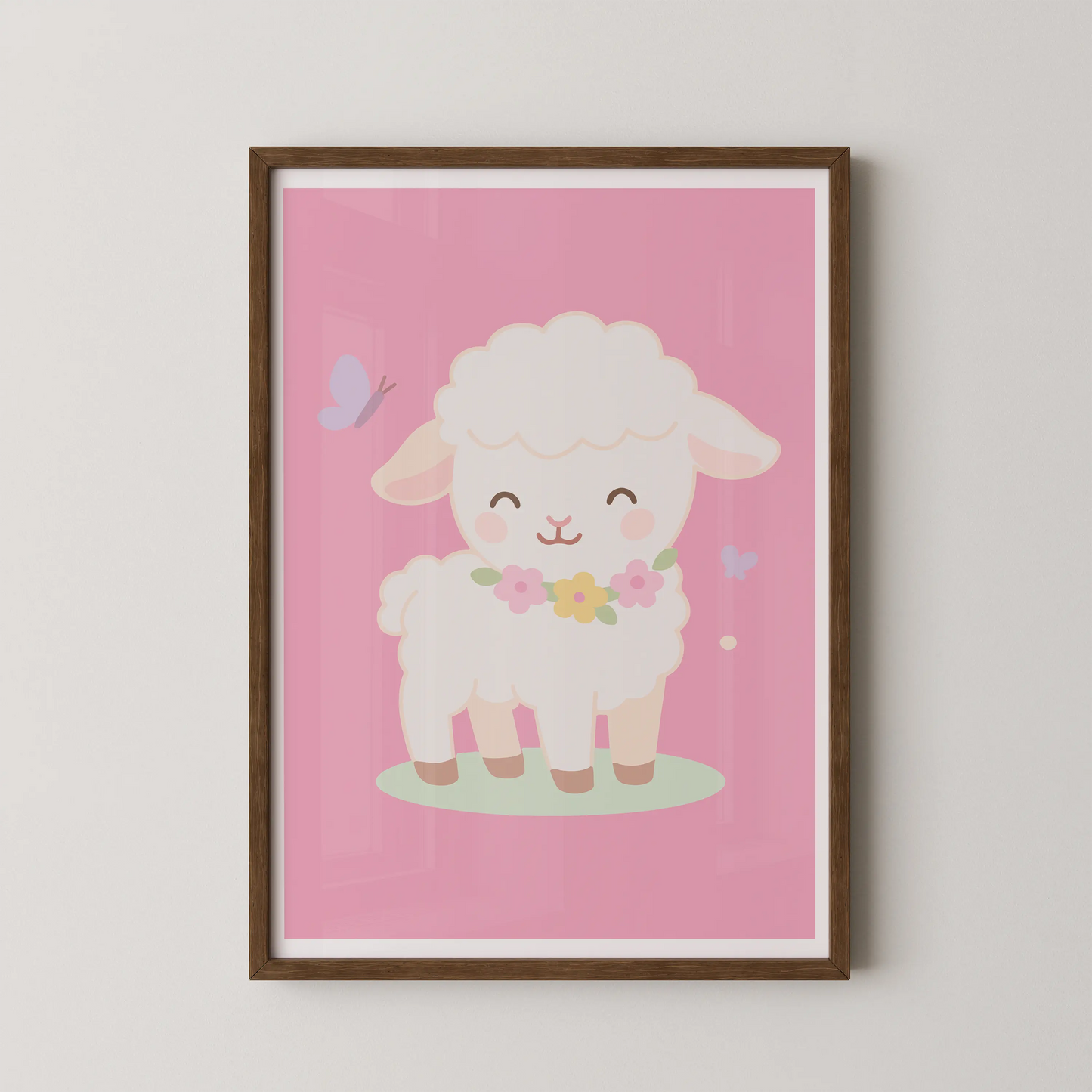 A minimalist wall art poster featuring a cute kawaii lamb with a flower garland and a butterfly.