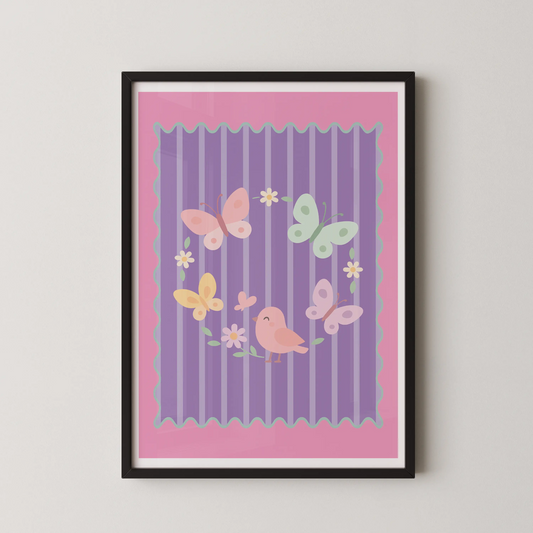A modern flat-design illustration of pastel butterflies and a pink bird on a lilac-striped stage, with daisies and leaves.
