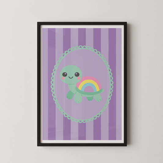 A modern flat vector illustration of a kawaii turtle with a rainbow shell, set in a pastel oval on a lilac background.