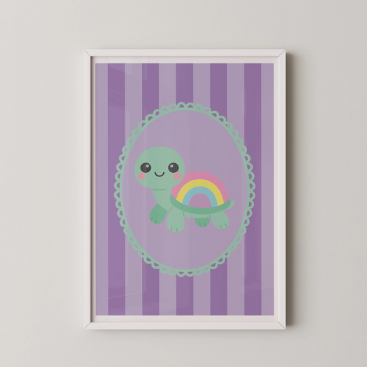 A modern flat vector illustration of a kawaii turtle with a rainbow shell, set in a pastel oval on a lilac background.