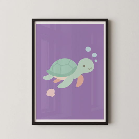 A minimalist flat vector illustration of a smiling sea turtle in pastel colors.