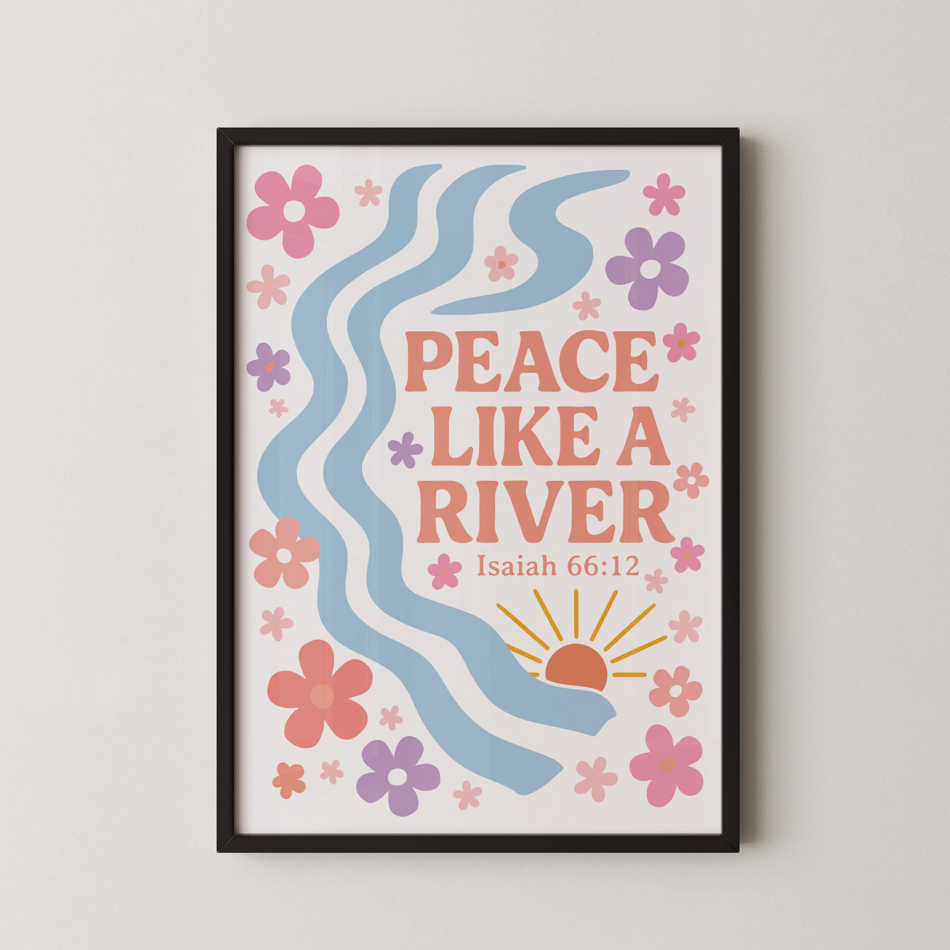 A modern minimalist wall art poster featuring the text 'Peace Like a River' with a gentle river and flowers.