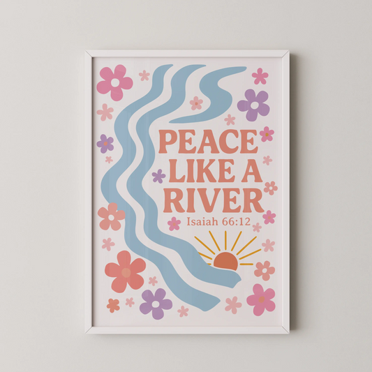 A modern minimalist wall art poster featuring the text 'Peace Like a River' with a gentle river and flowers.