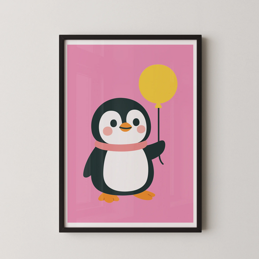 A flat vector illustration of a chubby penguin holding a yellow balloon against a pink backdrop in a kawaii-inspired minimalist style.